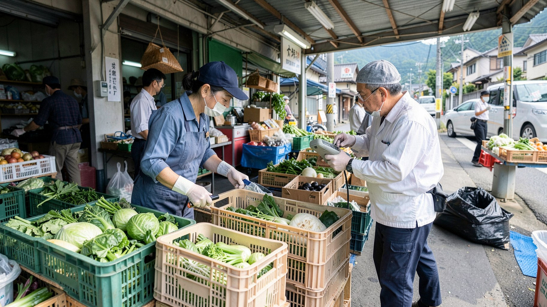 農産物の荷受け場で通い箱と携帯端末を使って納品を確認する様子