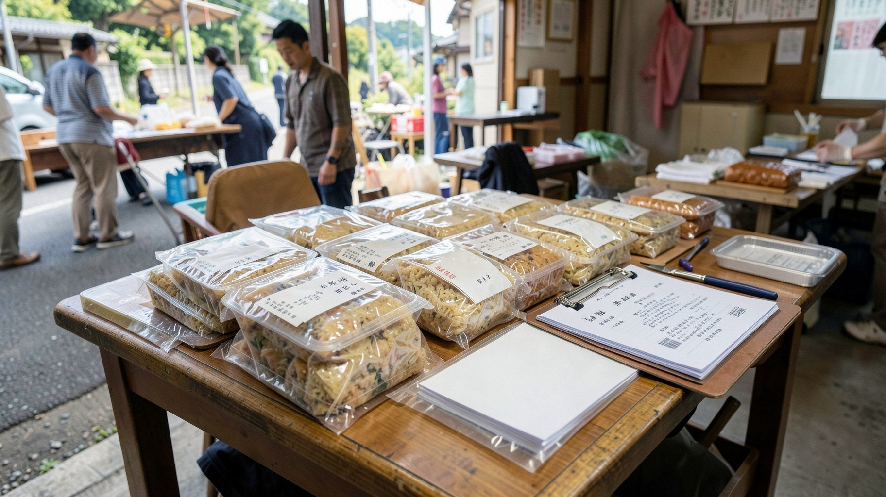 道の駅の衛生的な受入検品台で封をした食品と表示ラベルを確認する様子
